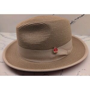 Montique Tan Wide Brim Red Bottom Braided Pinch Fedora Hat Size XL 7 1/2 H76 NWT